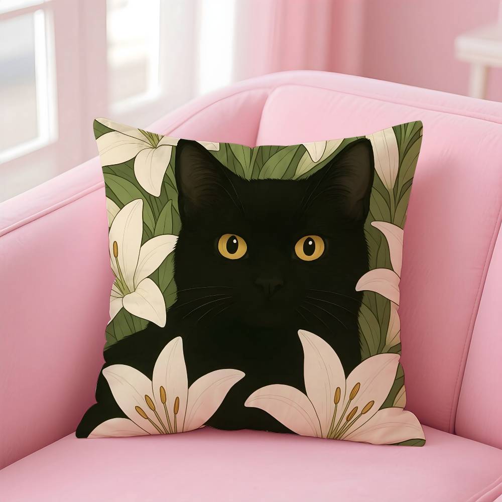 Cat In the Flowers Aesthetic Pillow Case Pattern Printing Pillowcase Living Room Sofa Cushion Cover Bedroom Room Decor