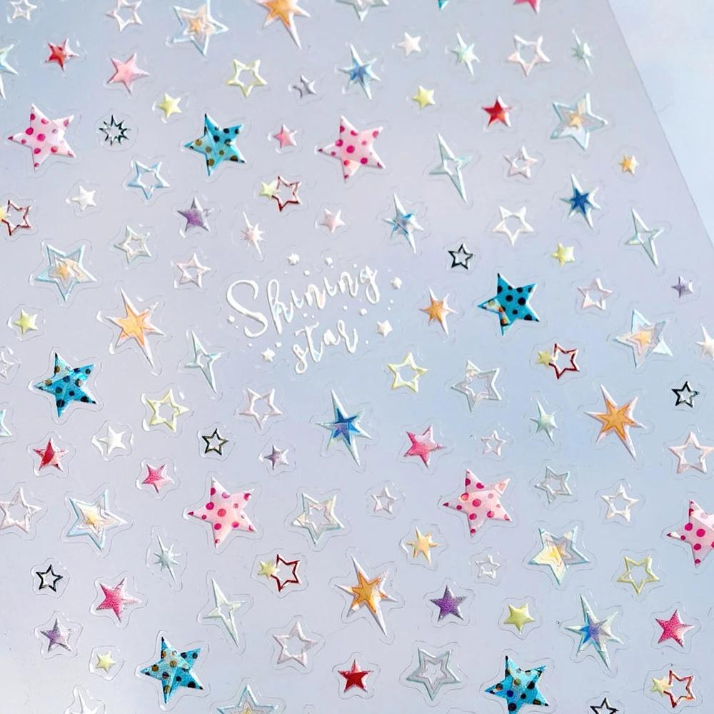 Colorful Five-pointed Star Gird Polka Dot Line Bowknot Cherry 5D Shiny Nail Art Stickers Self Adhesive Decoration Manicure Decal