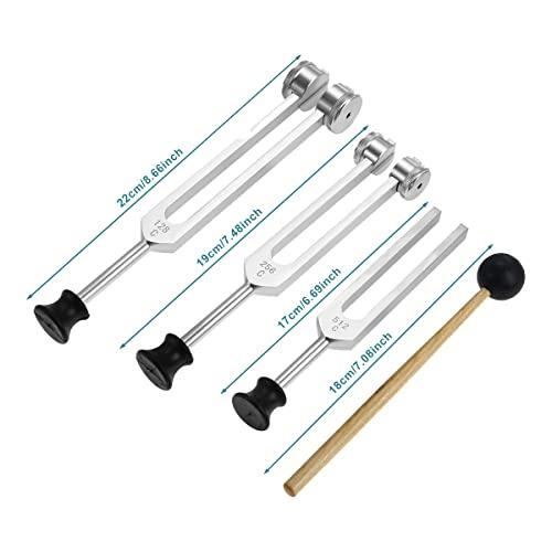 Ahvqevn 4-Pack Tuning Fork Set (128Hz, 256Hz, 512Hz) with Tuning Fork Hammer and Base for Sound Vibration Tools, Silver
