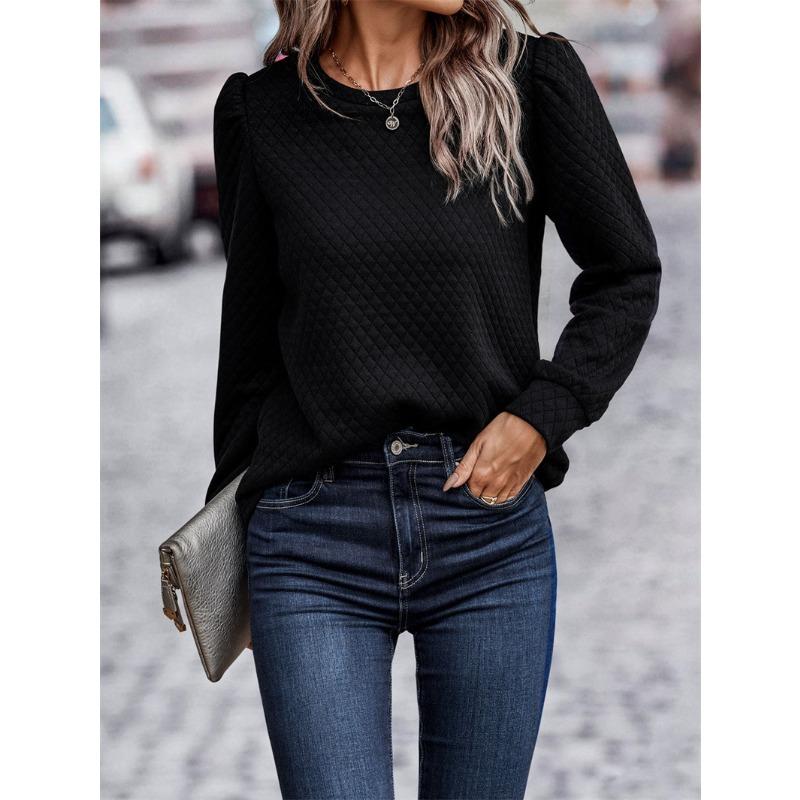 Autumn and Winter Women's Sweatshirt Round Neck Plaid Solid Color Temperament Elegant Casual Long Sleeve Top Sweatshirt