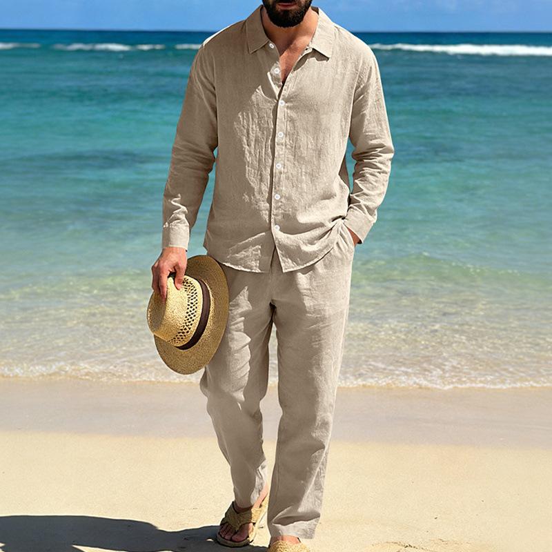 Men Loose Casual Holiday Long Sleeve Linen Shirt Straight Pants Suit