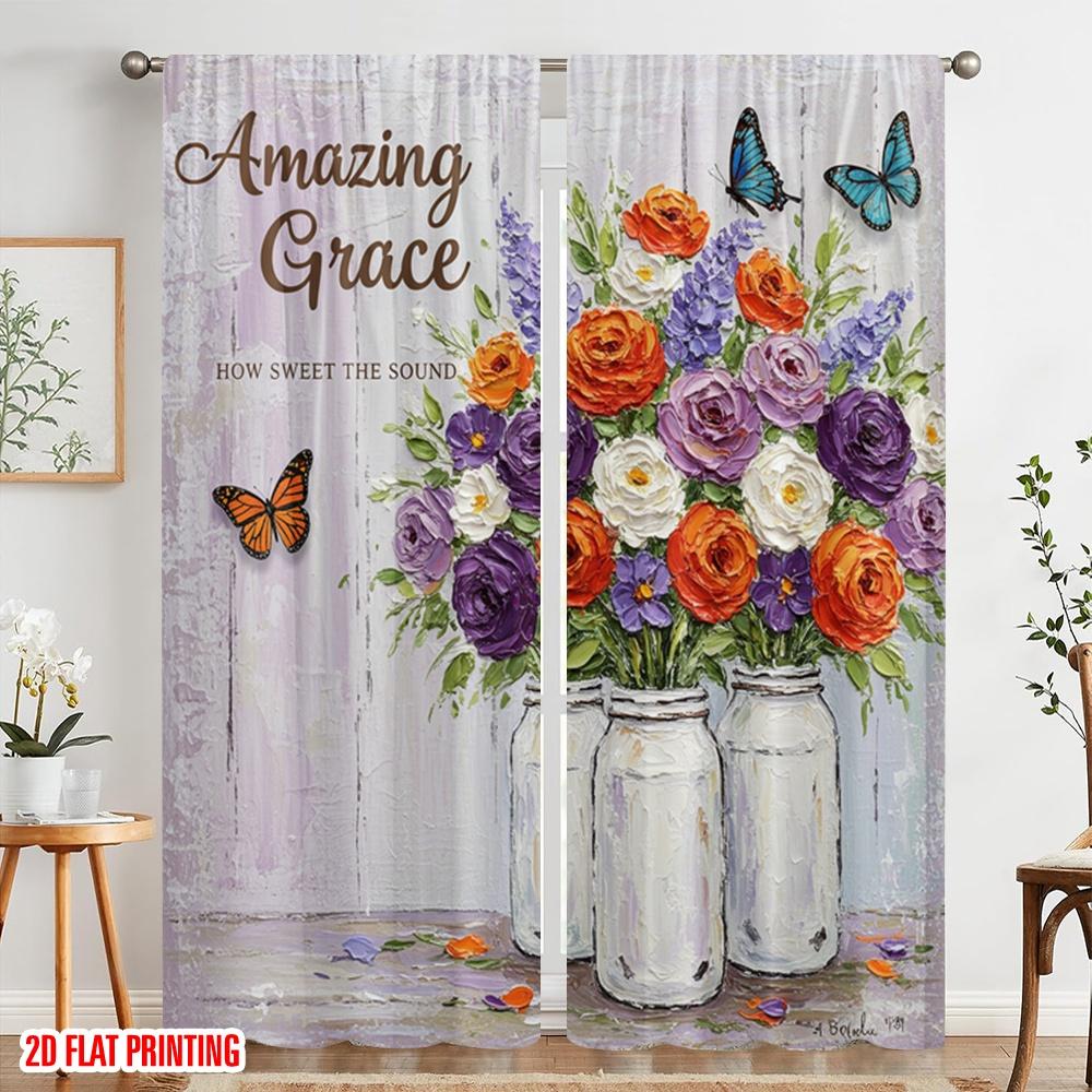 2pcs 2D Flat Printing Scene Curtains Amazing Grace Flower Butterflies Fabric Without Electricity Birthday Party Perfect for Home