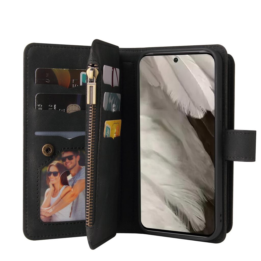 For Google Pixel 8 Zipper Wallet Case with 15 Card Slots and Strap Leather Phone Cover