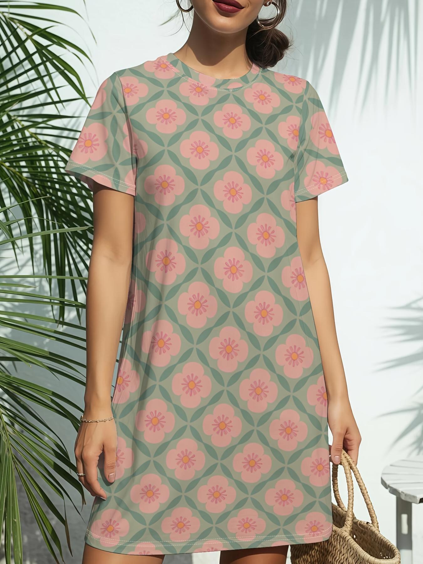 

Women s Pink Short Sleeve T-Shirt Dress with Pink Geometric Print - Crew Neck Casual Short Dress. Regular Fit Spring Summer Blouse Suitable for Daily 8XL дубильна кора