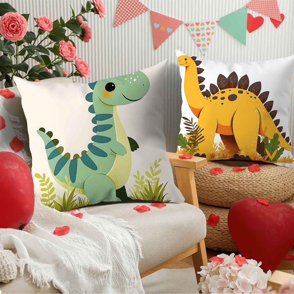 Cartoon Dinosaur Leaf Pattern Digital Printing Pillow Cover Short Plush Suitable Living Rooms Bedrooms Sofas Throw Cushion Cover