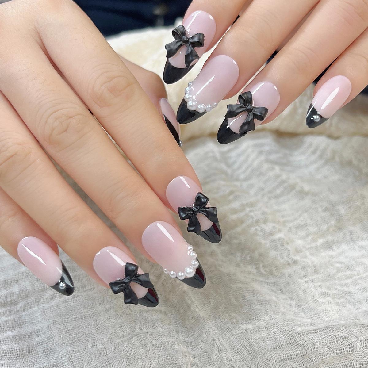 3D Stereoscopic Black Bow & Nude Pink Wearable Nails with Pearl & French White-Enhancing Features