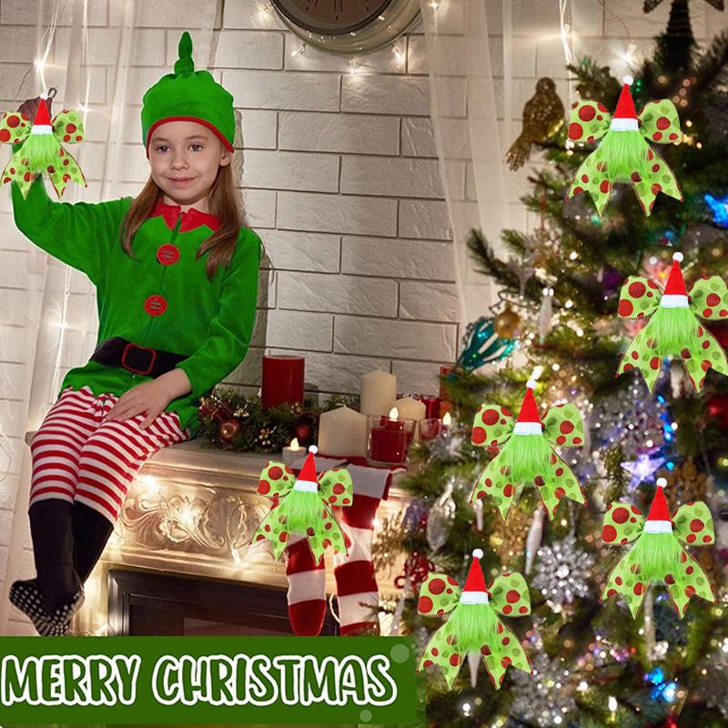 5/10Pcs Plush Foliage Wreaths Christmas for Xmas Tree Party Ornaments Santathemed Decor Glitter Dot Ribbons with Santa Hat