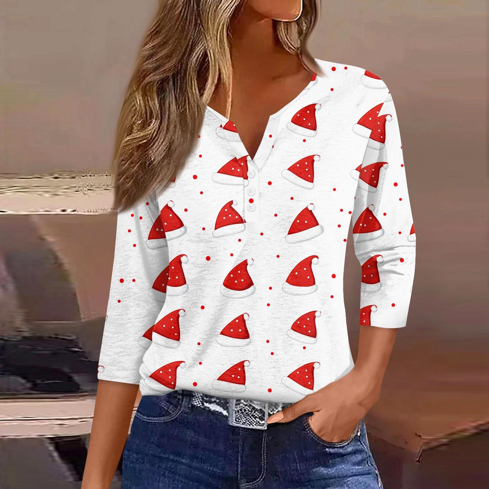 

Женский рождественский снеговик с принтом елки, V-образным вырезом, повседневный топ на пуговицах с рукавами 3/4 XL белый