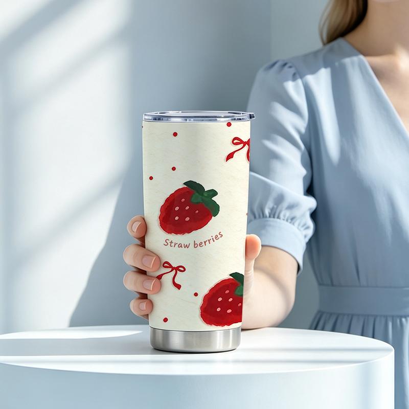 591ml Car Tumbler(1 Random Straw Included)Strawberry Bow Dot MotifCommuter Cup Straight Travel Mug Vacuum Insulated Cup 591ml Car Tumbler