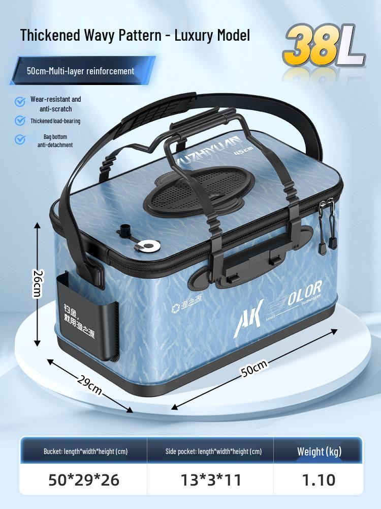 Pogrubione wiadro na żywe ryby z koszykiem na przynęty i ochraniaczem na ryby