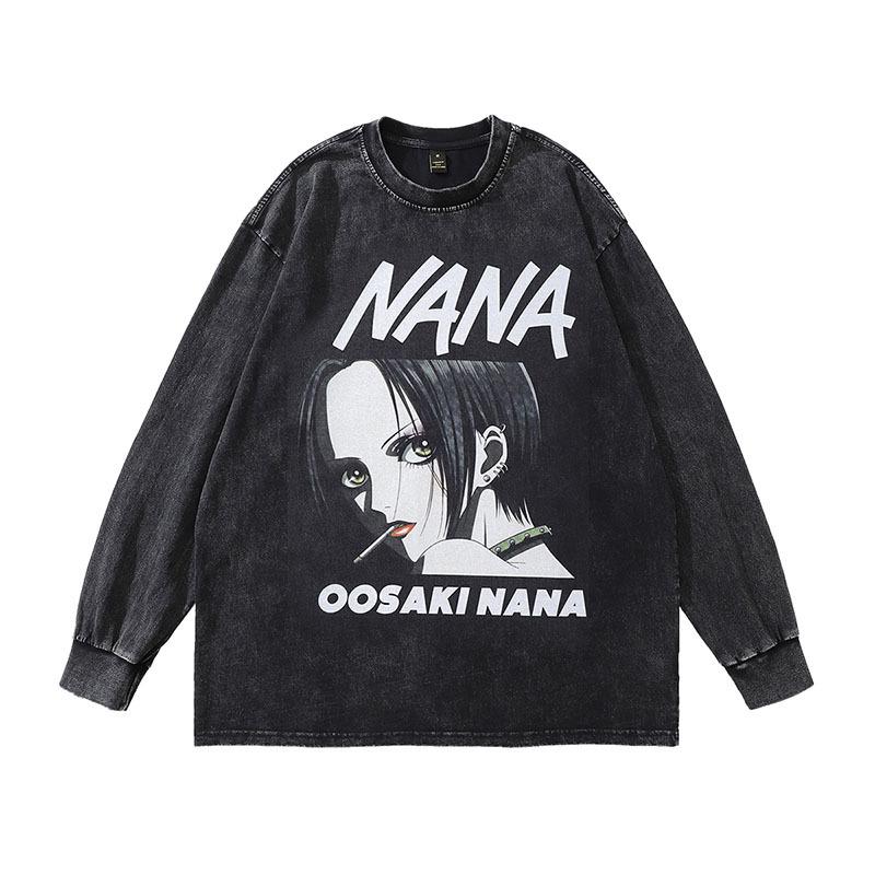 Trendy Brand Harajuku Y2K Cartoon Print Washed Long-Sleeved T-Shirt Men'S Oversize Retro Couple Bottoming Top