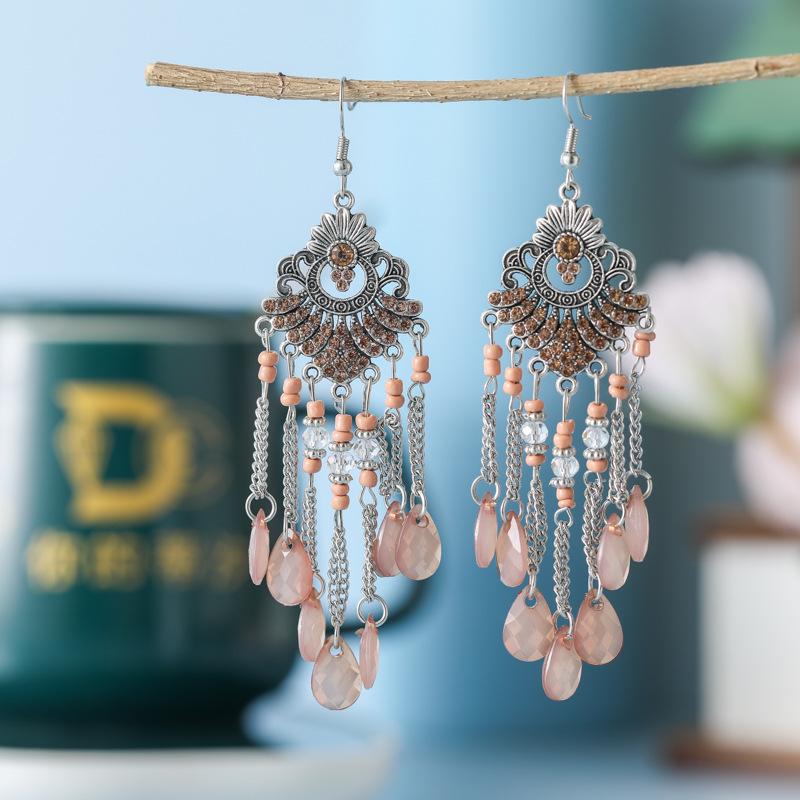 Bohemian Water Drop Rhinestone Earrings with Multi-Layer Beads - Retro Fan-Shaped Dangle Design