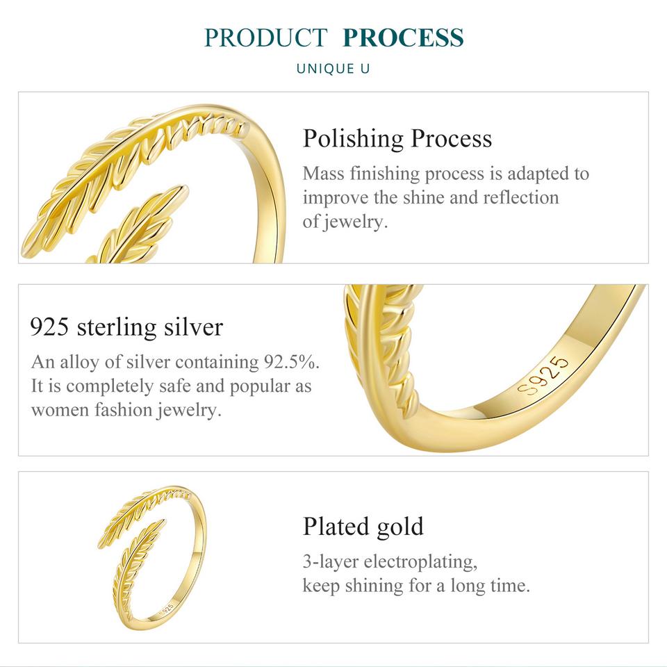 Inel de deschidere cu frunze de aur din argint 925 BAMOER, inel reglabil cu frunze simple, pentru femei, bijuterii fine șic