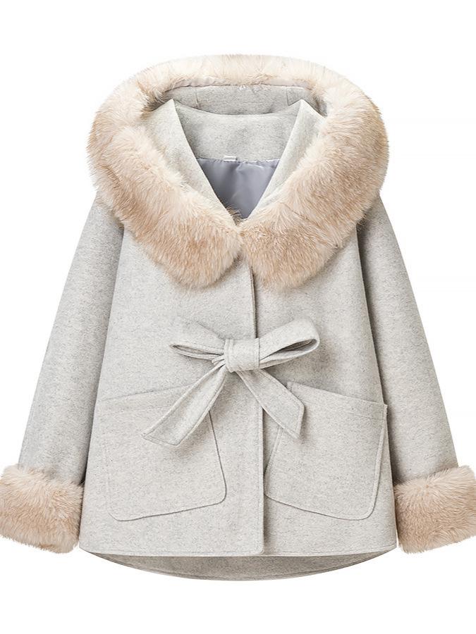 Women's French Chic Bow Tie Hooded Woolen Coat