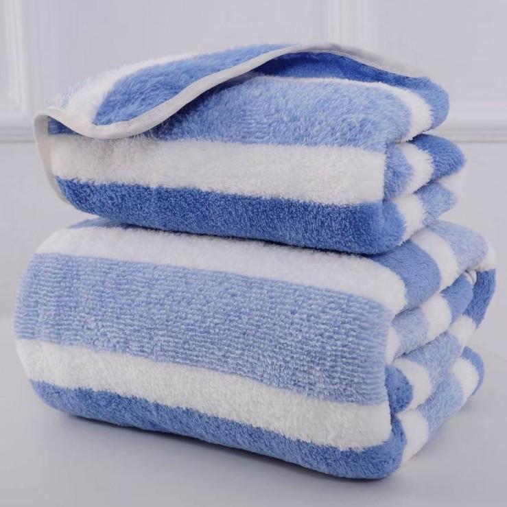 Large Coral Fleece Bath Towel - Thick, Absorbent, Lint-Free with Wide Stripes 30x30 Face Towel синий