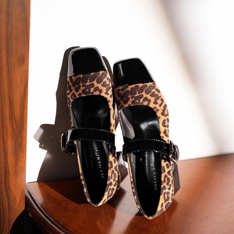 Leopard Print Cashmere Patchwork Square Toe Chunky Heel Mary Jane Shoes with Ankle Strap for Women - Spring/Autumn Retro Style.