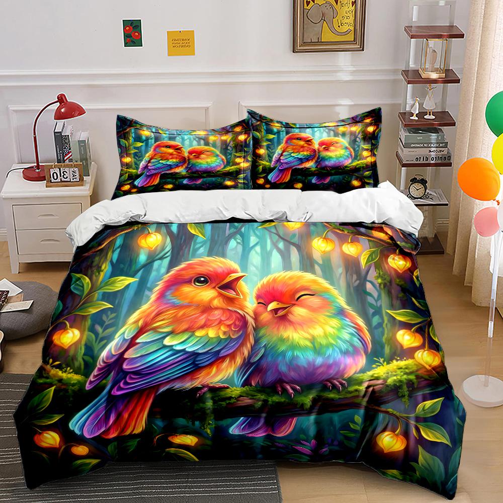 Colorful Birds with Glowing Leaves Bedding Set for Kids Luxury Gift 3pcs Digital Print Comforter Set Soft Comfortable Breathable