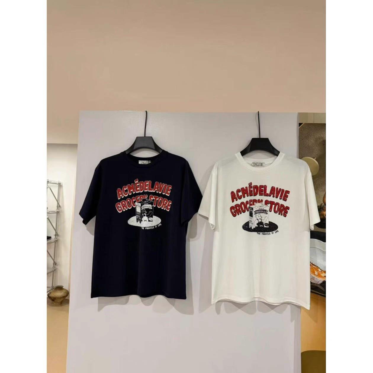Korean Dongdaemun Loose Fit Cartoon Bear Print Cotton T-shirt for Women M белый