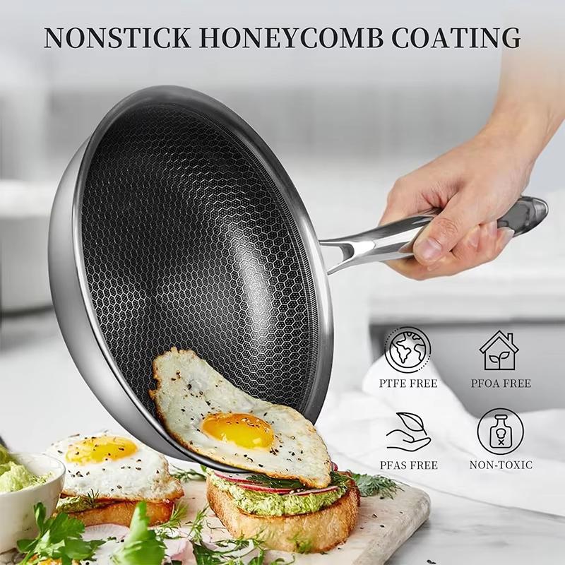 Stainless Steel Frying Pan Non Stick Frying Pan Honeycomb Skillet Kitchen Egg Steak Frying Pan Compatible with All Cooktops