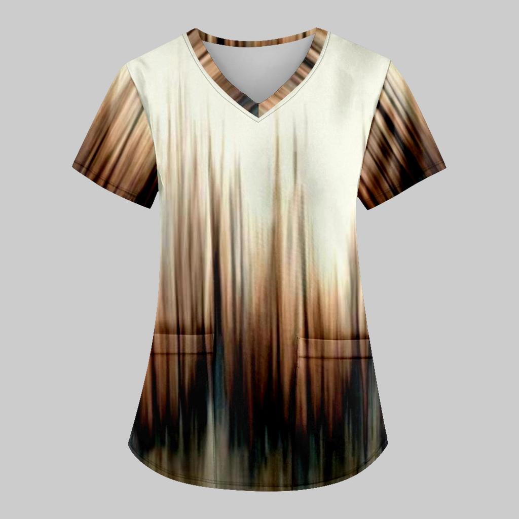 Women's Fashion Printed Work Uniform With Pocket T-Shirt Short Sleeve Top