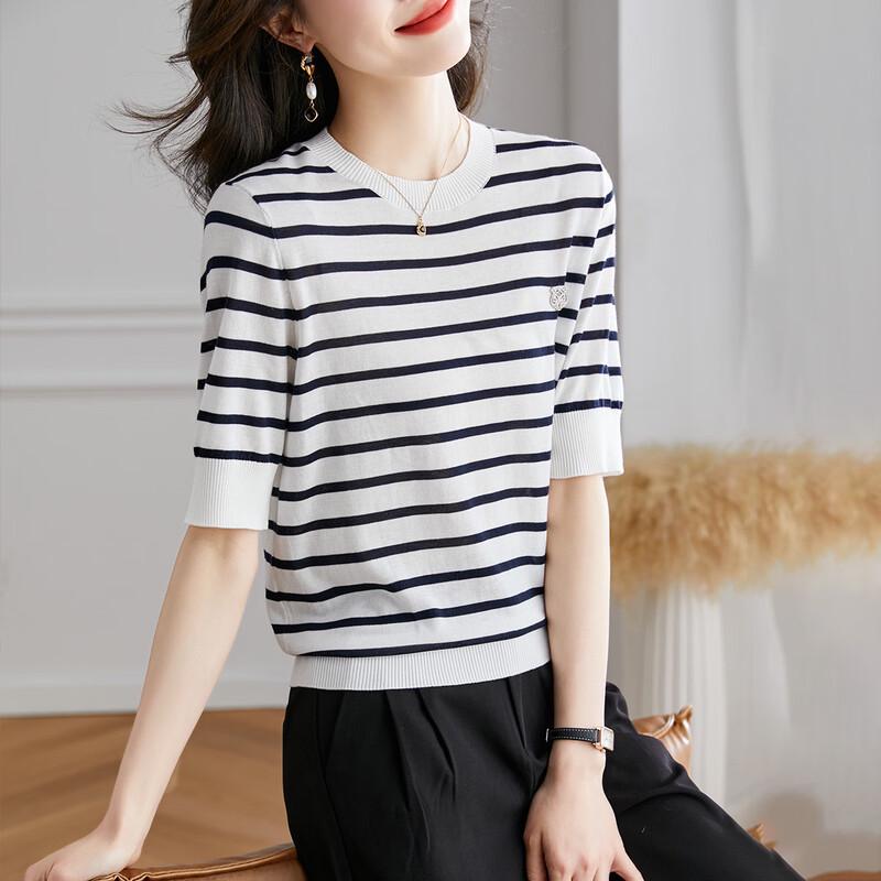 Srcr Women s Mulberry Silk Blend Striped Short-Sleeve Knit T-Shirt L