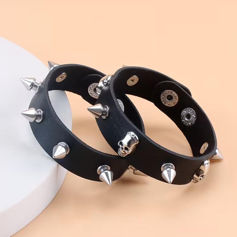 Punk Pu Leather Bracelet With Stud Buckle And Skull Bracelet, Creative Unisex Wrist Ring, Suitable For Daily Wear And Parties