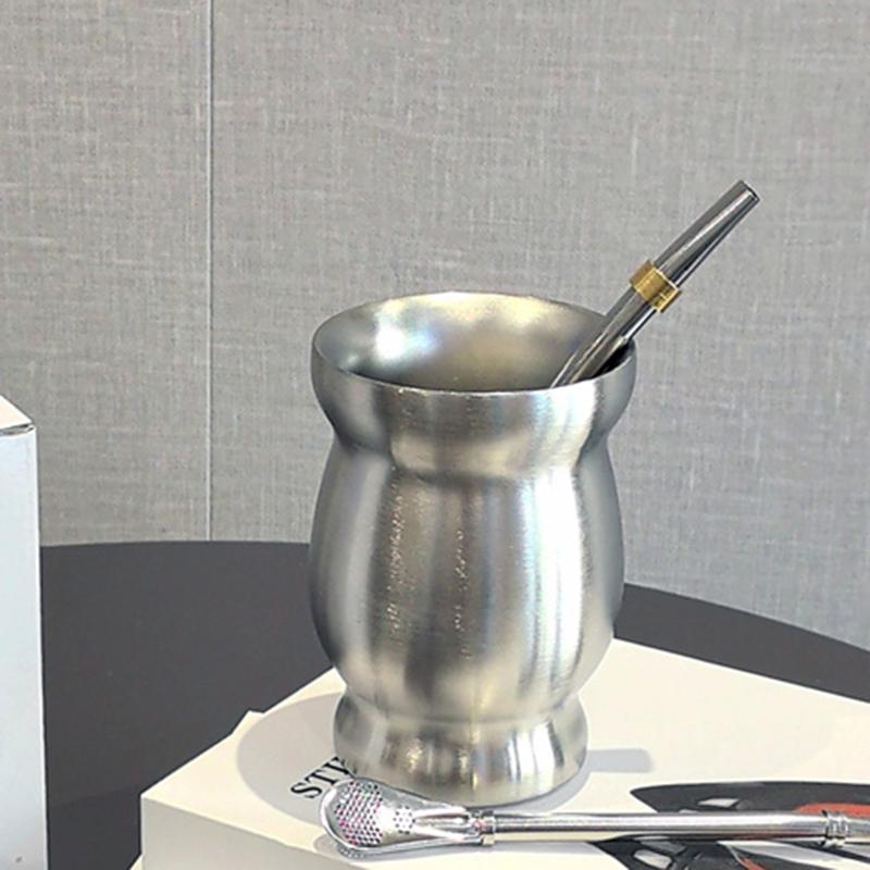 1 Set Yerba Mate Cup 304 Stainless Steel Double Wall 8oz Yerba Mate Gourd Cup With Straw Spoon And Cleaning Brush Teaware Sets