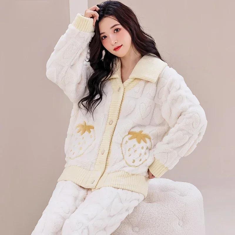 Winter Long Sleeve Thick Warm Flannel Pajama Sets for Women Coral Velvet Cardigan Sleepwear Suit Pyjamas Homewear Luxury Clothes