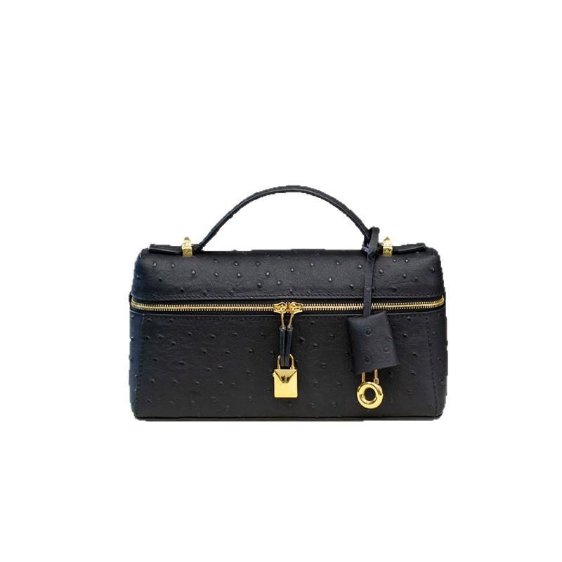 23Cm first layer ostrich pattern cowhide lunch box bag genuine leather shoulder bag fashion messenger bag simple small lock women's bag