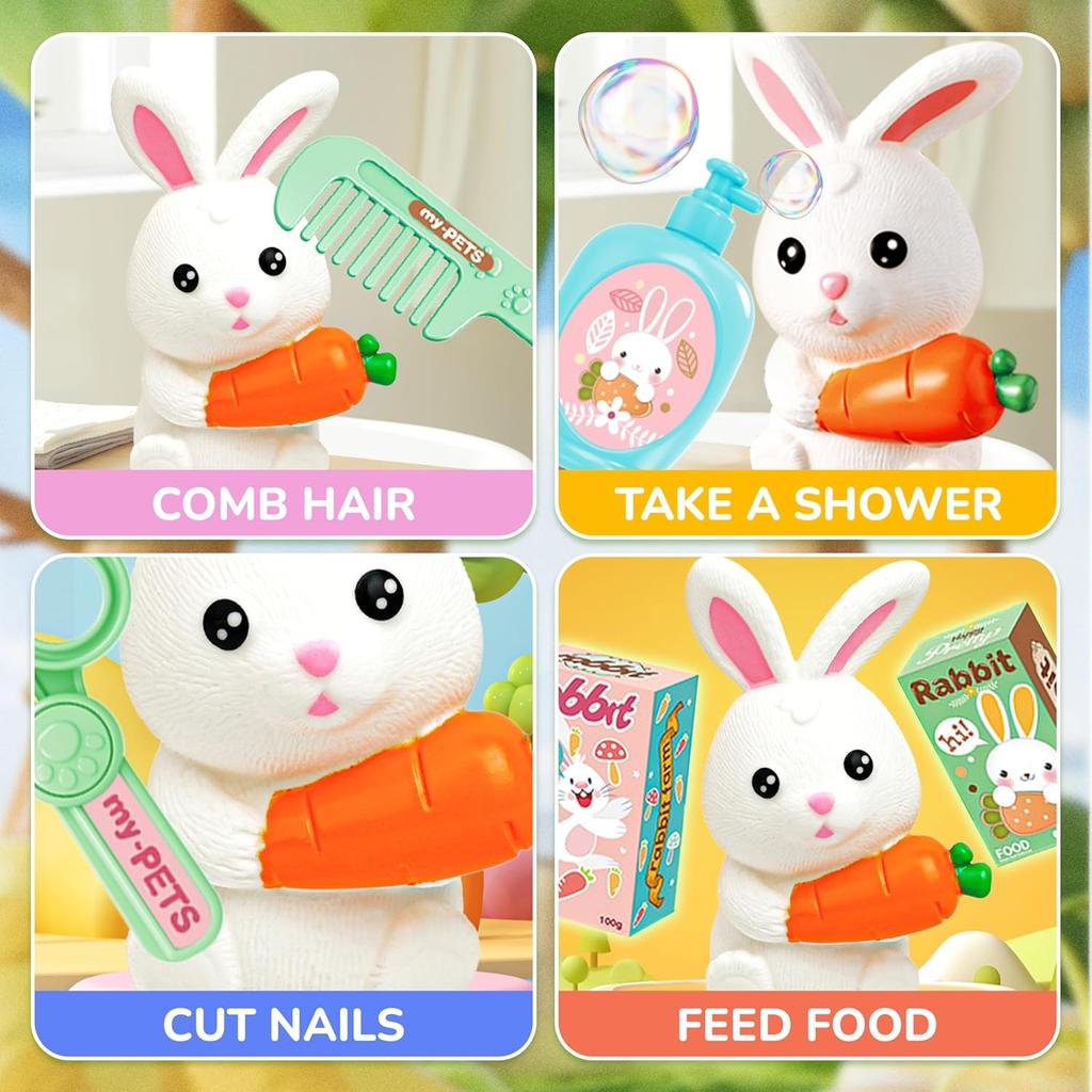 Pet Carrier Backpack 3-in-1 Pet Care Playset, Pretend Play Rabbit Toy Set with Hair Dryer & Accessories for Girls Ages 3+ Easter