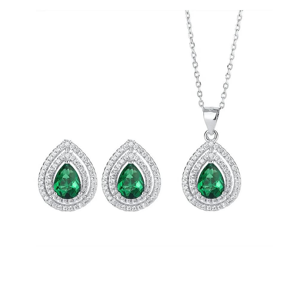 Sapphire Drop Stud Earrings Necklace Set, Slightly Inlaid Zircon Hollow Pear-Shaped Chain Set.