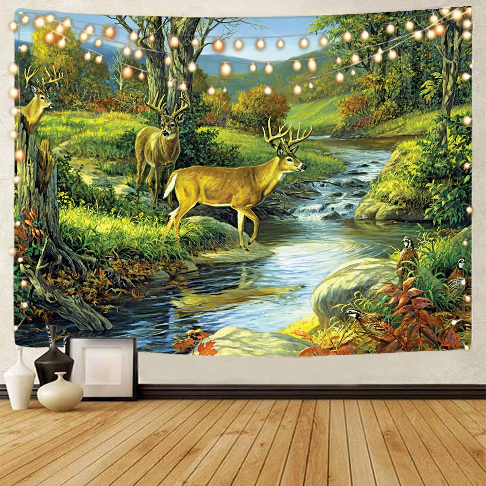 Dream Elk Scenery Decorative Tapestry Wood Elk Scenery Decorative Tapestry Bohemian Home Decorative Tapestry