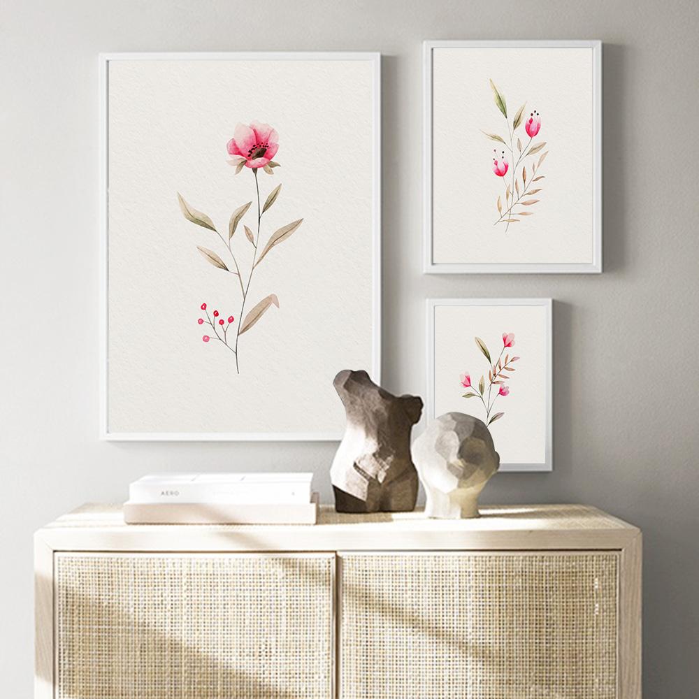 Floral Pink Flower Plant Leaves Nordic Poster Print Canvas Painting Modern Wall Art Pictures For Living Room Home Decor