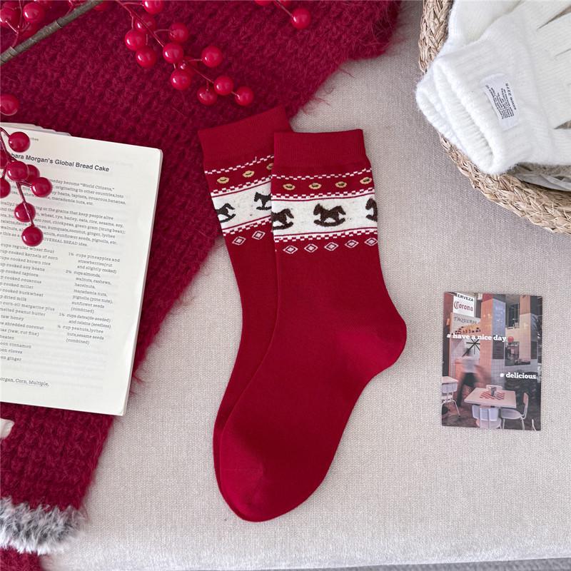 

Women s Red Fair Isle Mid-Calf Christmas Socks - Year of the Horse Fashionable Scrunch Style One Size