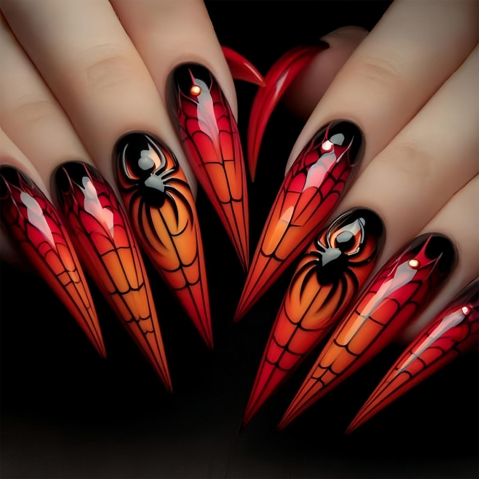 Festive False Nail Long Almond Tips Halloween Spiderweb Design Breathable Fake Nail Party Accessories For Women 1