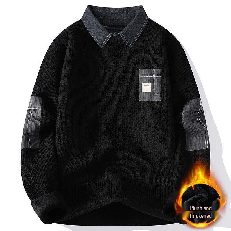 Herren Slim Fit Fleecegefütterter Zwei-in-Eins Hemdpullover – Koreanischer Stil Herbst/Winter Warme Basisschicht