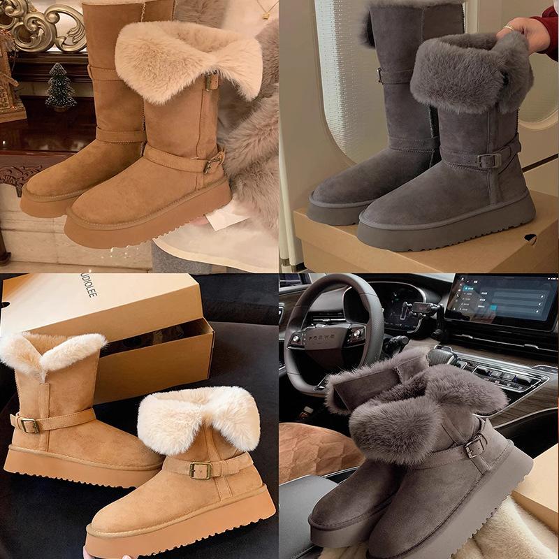 Grape mother, the same gray thick-soled velvet thickened snow boots for women, two women wearing buckle-band flanged medium tube cotton shoes