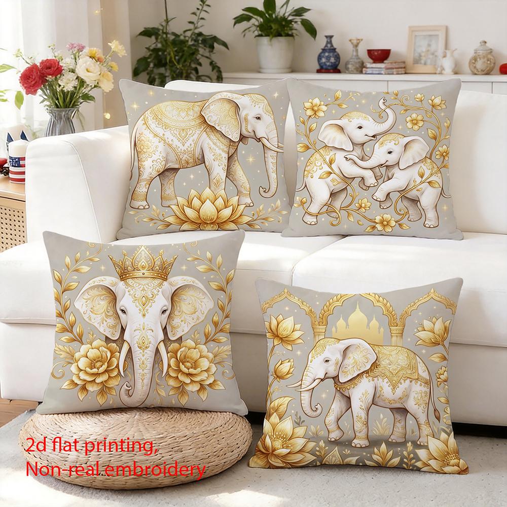 1/4pcs 2D Flat- Luxury Royal Golden Elephant Boho Throw Pillow Cover Home Farmhouse Outdoor Decoration Cushion Cover