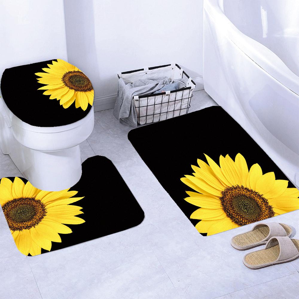 Magic Sunflower Butterfly Shower Curtain Sets Black Yellow Art Country Flower Bathroom Decor Curtains Bath Mats Rug Toilet Cover