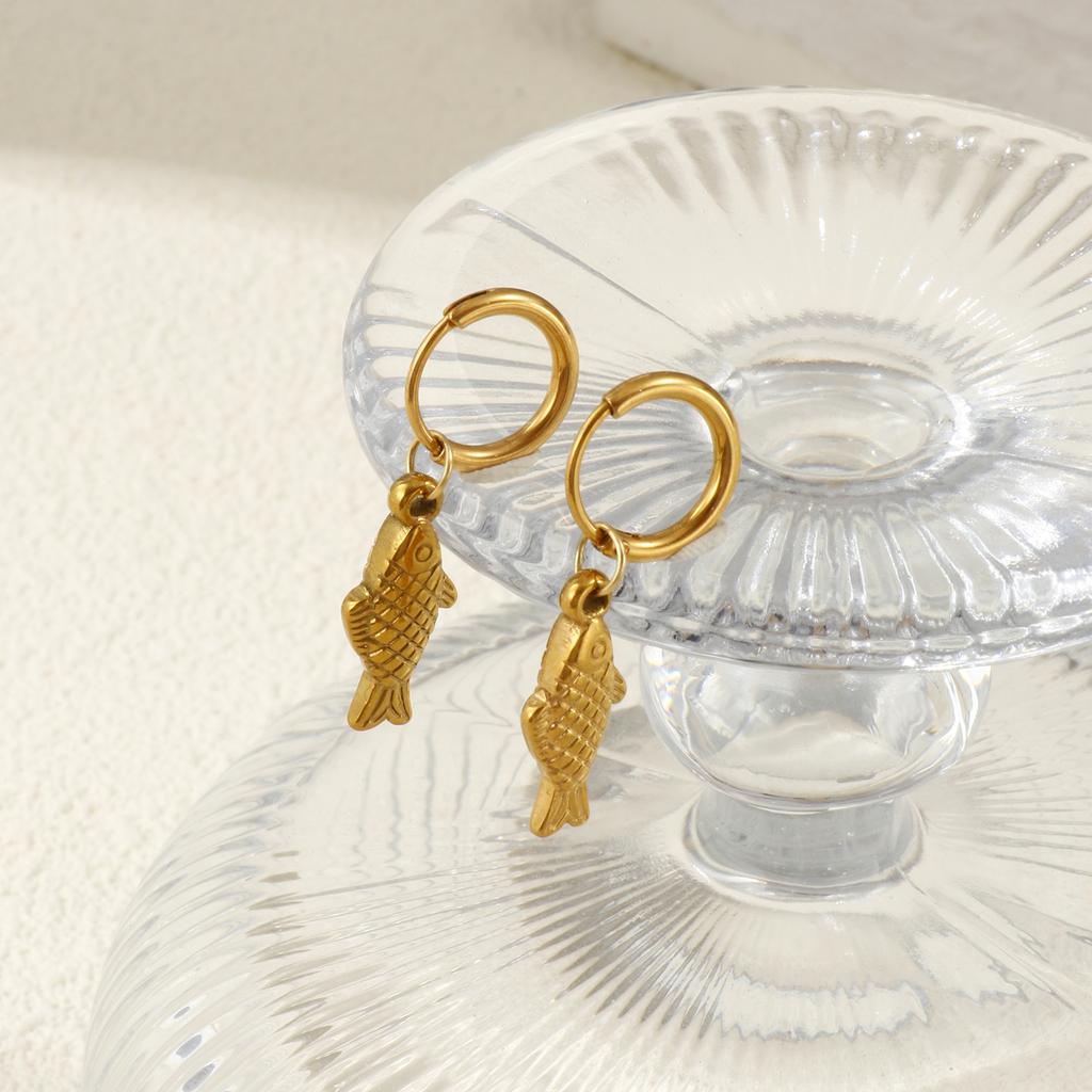 1 Pair Stylish Ocean Jewelry Earrings 18K Gold Plated Stainless Steel Fish Animal 3D Hoop Earrings For Women Gift 3.5cm x 1.4cm