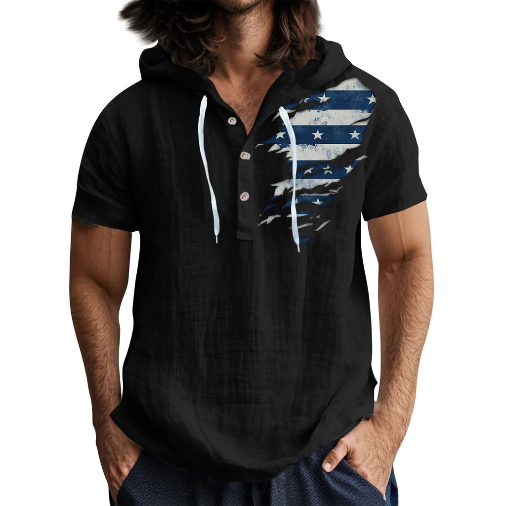 Men'S Casual Short Sleeved Hooded Top Buttoned Open Neck T-Shirt