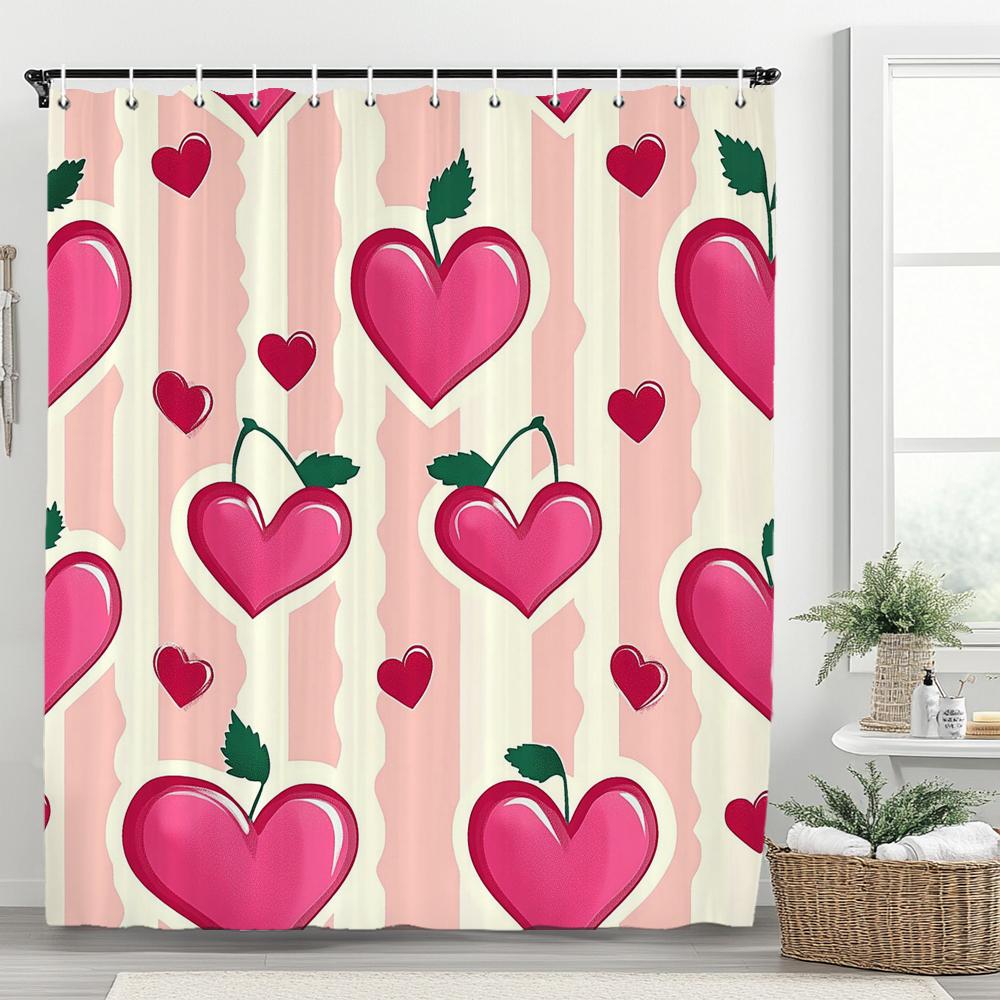 1Pc Heart Shaped Valentine S Day Shower Curtain - With Hooks Print Polyester Shower Curtain Bathroom Decoration Hanging Curtain
