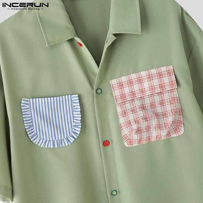 INCERUN Oversized Summer Men Lapel Neck Plaid Print Patchwork Buttons Casual Shirts
