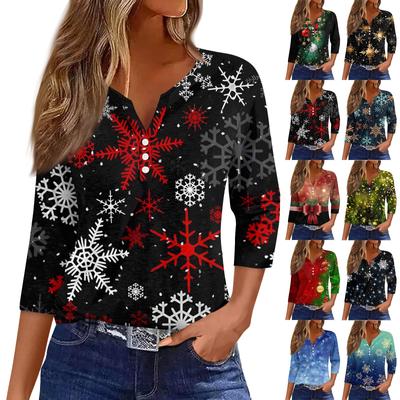 Women's Fashion Casual T-Shirt Button V-Neck Seven Sleeve Christmas Printed Top