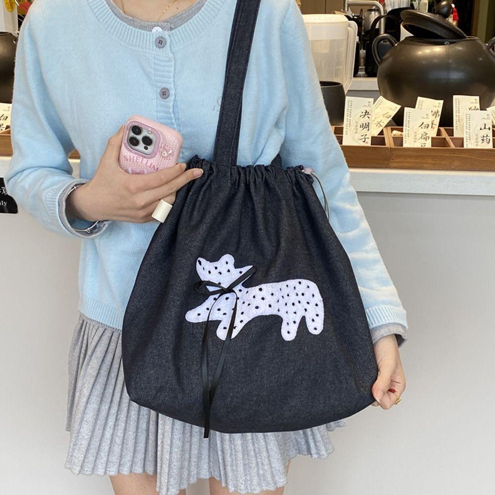 Puppy Embroidery Drawstring Shoulder Bag Bow Spotted Women's Handbag Casual Canvas Tote Bag  Beach