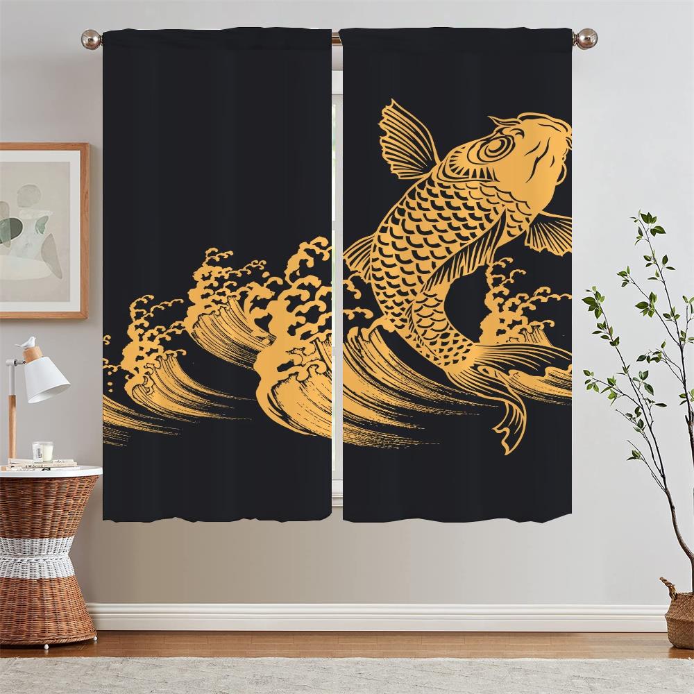 Chinese Style Koi Short Window Curtains for Living Room Bedroom Decoration Black Out Curtains 2 Pcs Set Chiffon Curtain Tiebacks