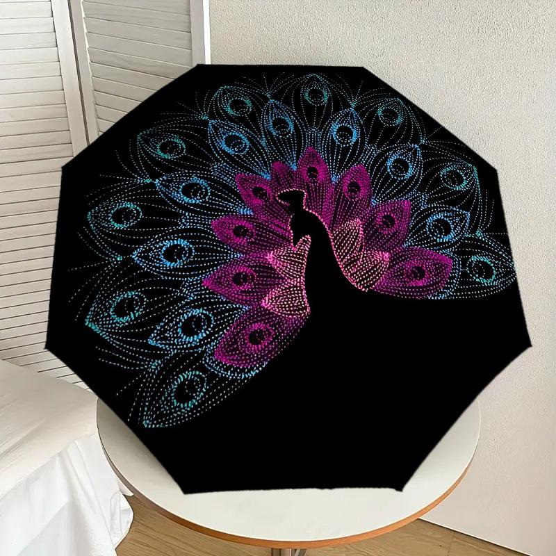 1pc Peacock Feather Automatic Folding Umbrella 8 Rib Iron Frame,  Suitable for Travel, Daily Use, Birthday, Women & Men Gift
