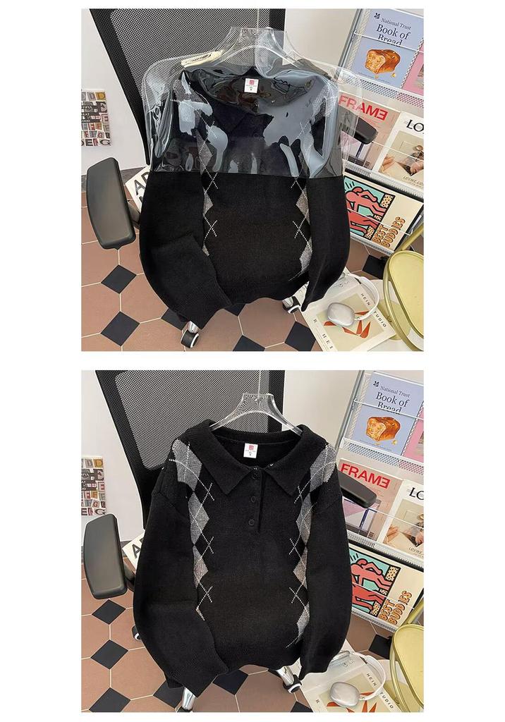 2025 British Classic Diamond Jacquard Color Block Knit Sweater