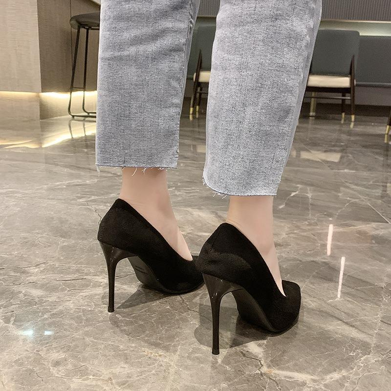 Fashion Spring and Autumn New Black Suede High Heels Female Shallow Mouth Pointed Toe Thin Heeled Sexy Temperament Dress Single Shoes