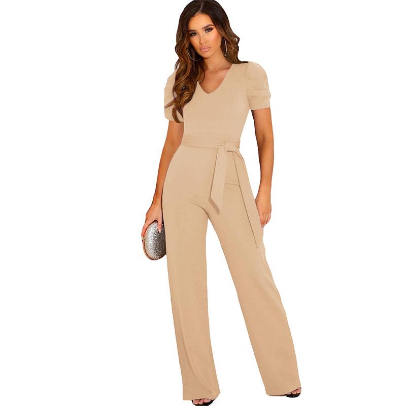 

women s Puff Sleeve V Neck Belted Waist Solid Color Wide Leg Jumpsuit Elegant Formal Long Pant Romper 3XL